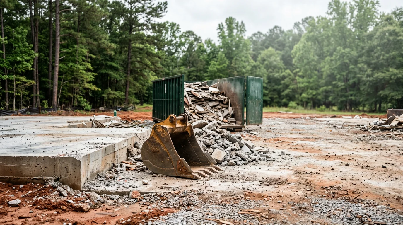 Demolition equipment removing concrete and debris from construction site