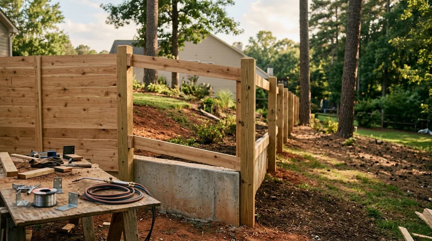Completed residential fence and retaining wall installation