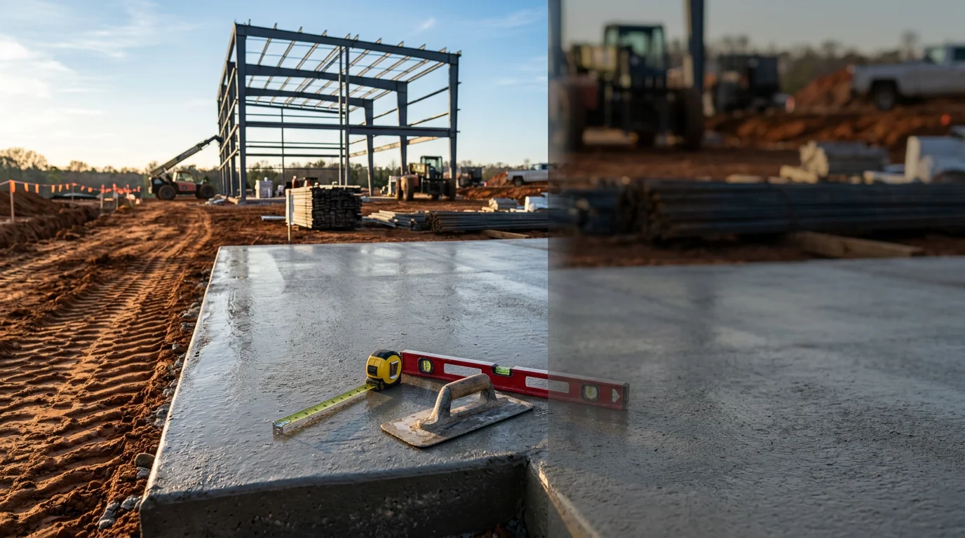 Commercial construction site showing graded foundation, steel framework, and concrete work in progress