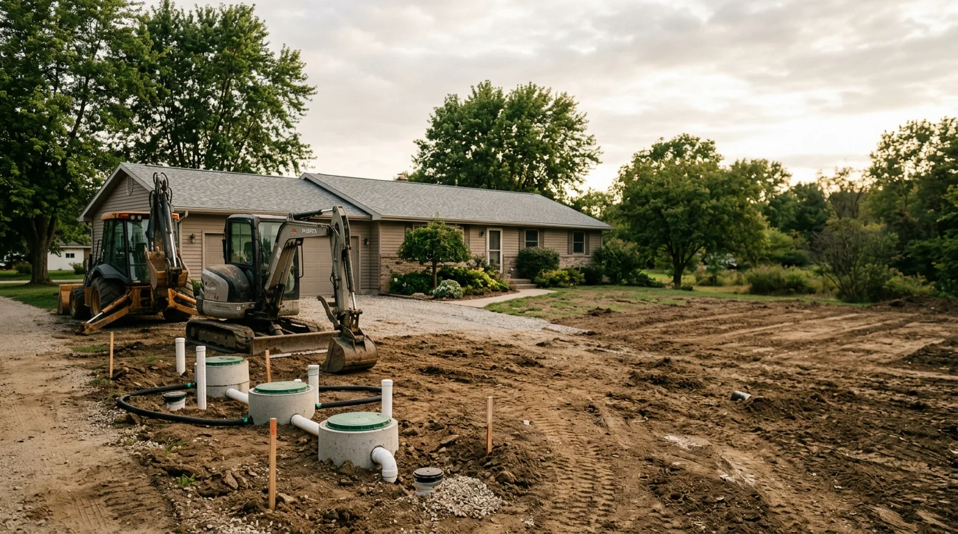 Underground septic tank installation with heavy equipment and Atlas Limited crew on active job site
