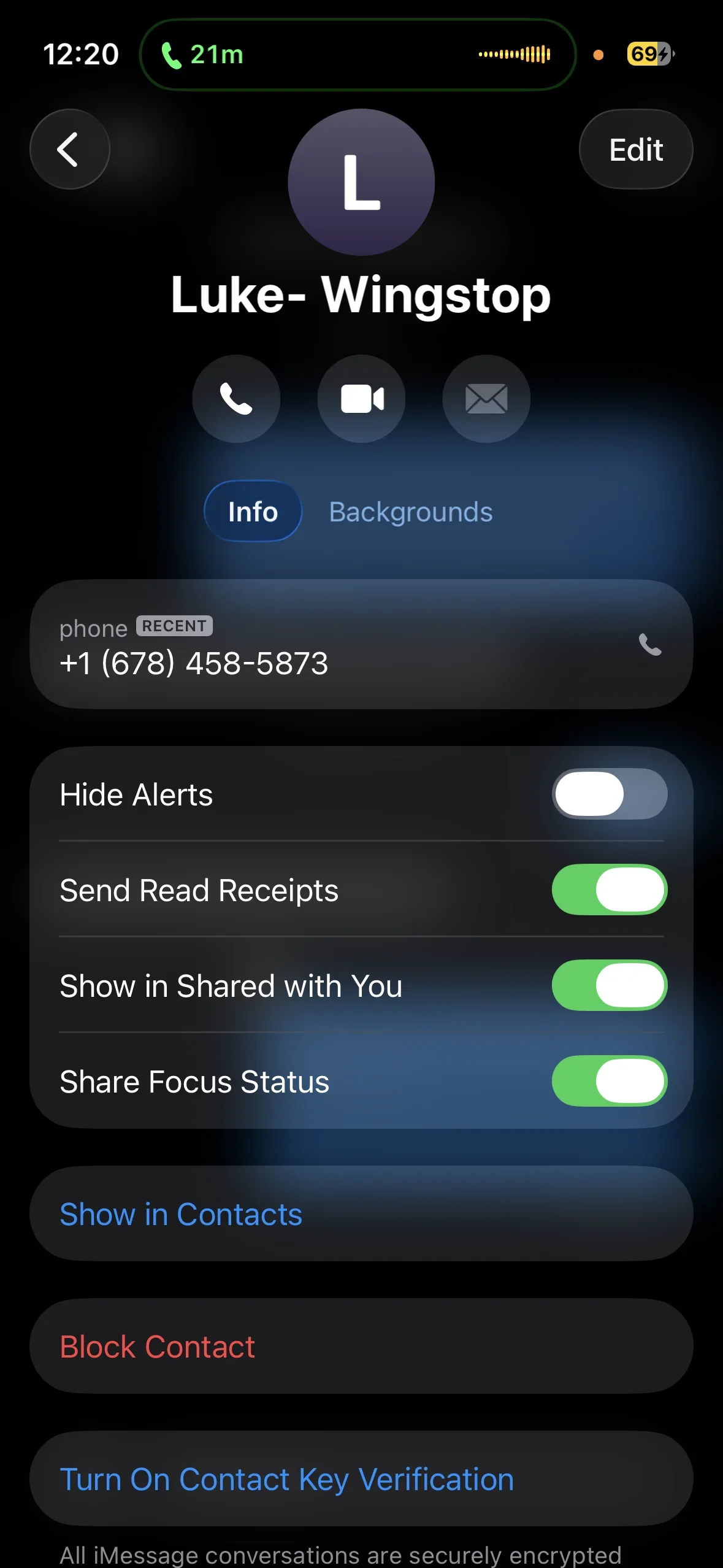 Mobile phone contact interface screen with user profile and settings