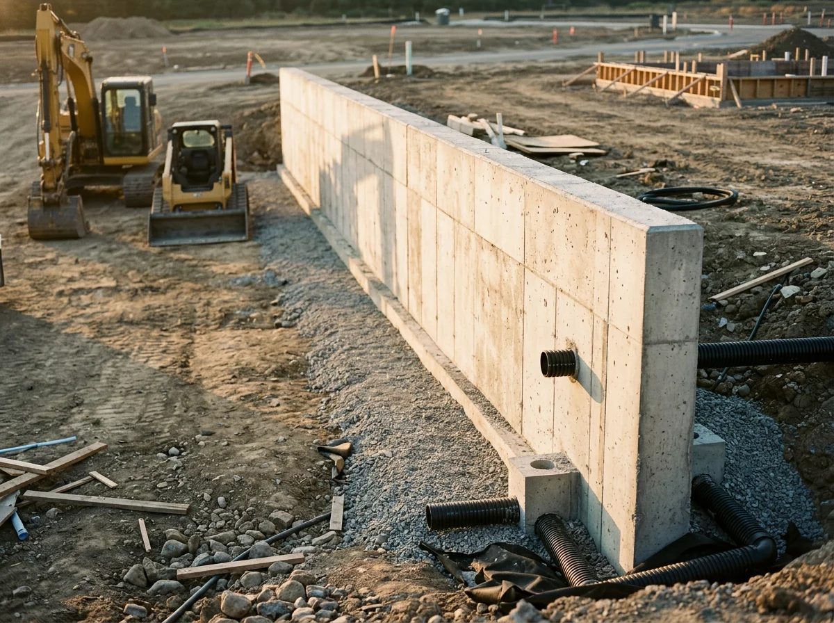 Completed commercial retention wall with reinforced concrete face and integrated drainage, showing finished grading and site preparation work