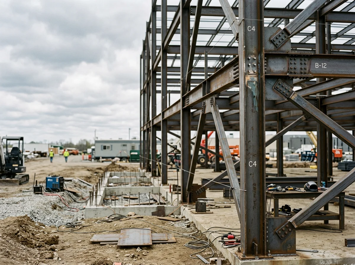 Completed structural steel building frame with welded connections and roof structure in place