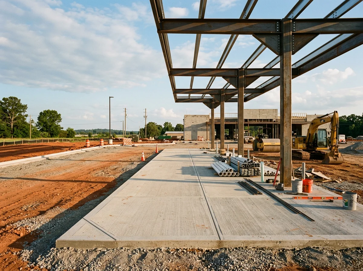 Travel center fuel station with steel canopy structure, concrete pads, and graded site preparation