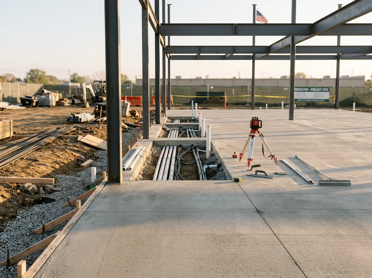 Commercial restaurant build-out showing concrete foundation, structural steel frame, and utility trenching in progress