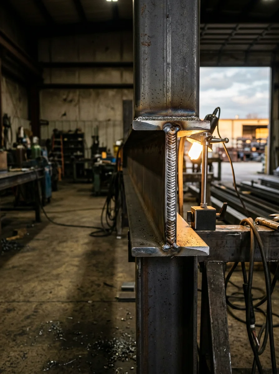 Certified welding work on structural steel beam at industrial site in Alabama