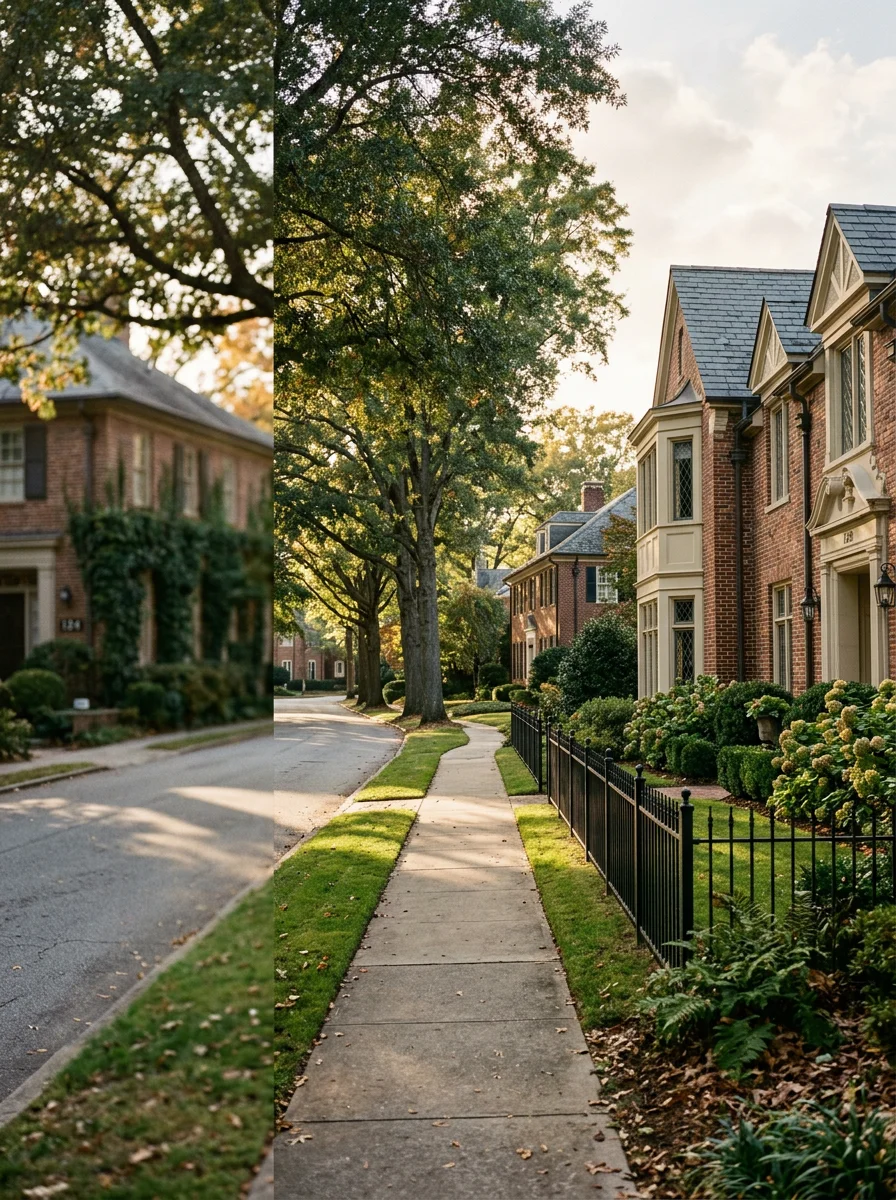 Street-level view of an Atlanta neighborhood with brick homes, mature landscaping, and established residential character.