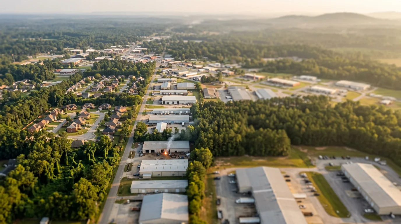 Wide aerial view of Georgia landscape showing diverse terrain from northern mountains to southern plains with mixed residential and commercial development.