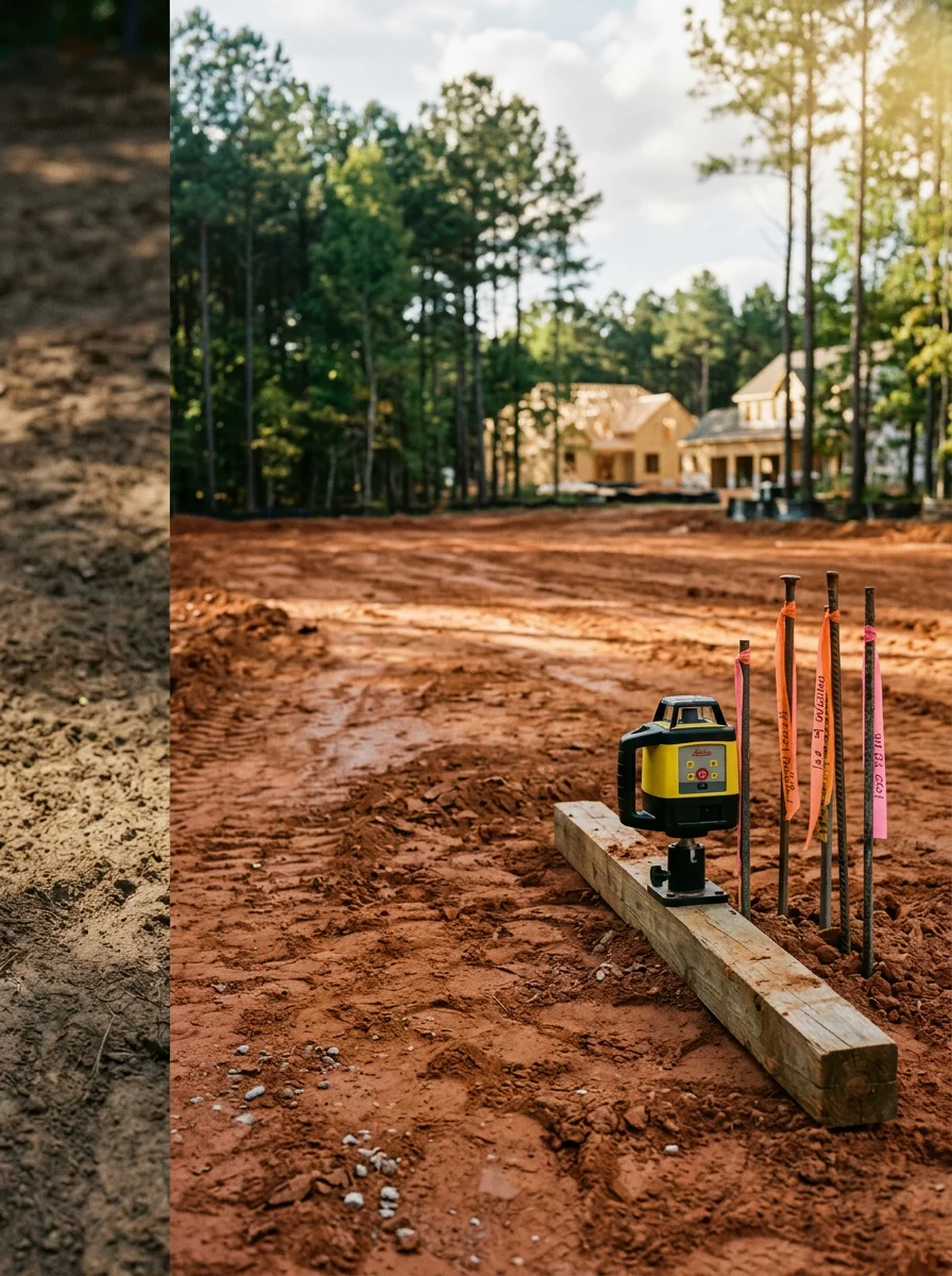 Concrete foundation and site preparation work on a North Carolina construction project, showing clay soil management and grading