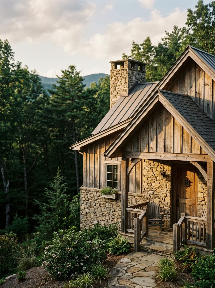 Mountain home exterior showing stone or wood construction typical of North Georgia architecture with natural surroundings.