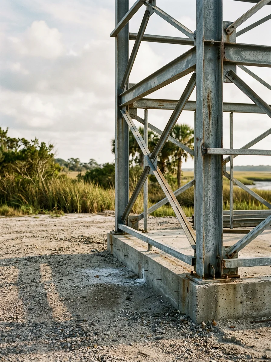 Coastal South Carolina property with salt-resistant metal building and concrete foundation, demonstrating corrosion-resistant materials and site preparation