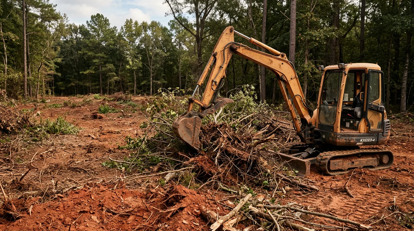 A Georgia rural property after brush and vegetation removal, showing cleared ground with open fence lines and exposed soil ready for site preparation. Excavation equipment is visible at the edge of the cleared area alongside remaining mature trees.