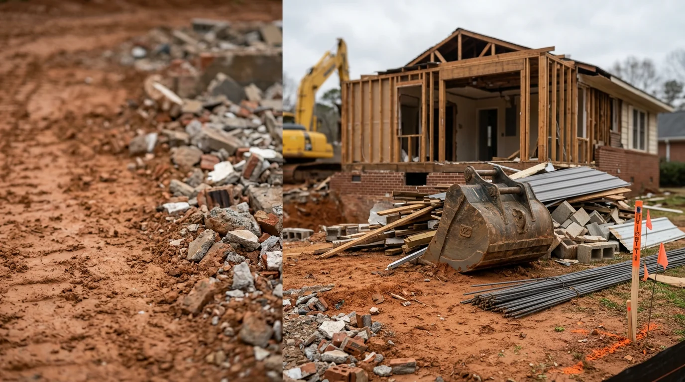 A partially demolished single-story commercial building in Georgia with exterior walls removed and debris staged on a cleared lot. A demolition crew and heavy equipment are visible on site during an active teardown.