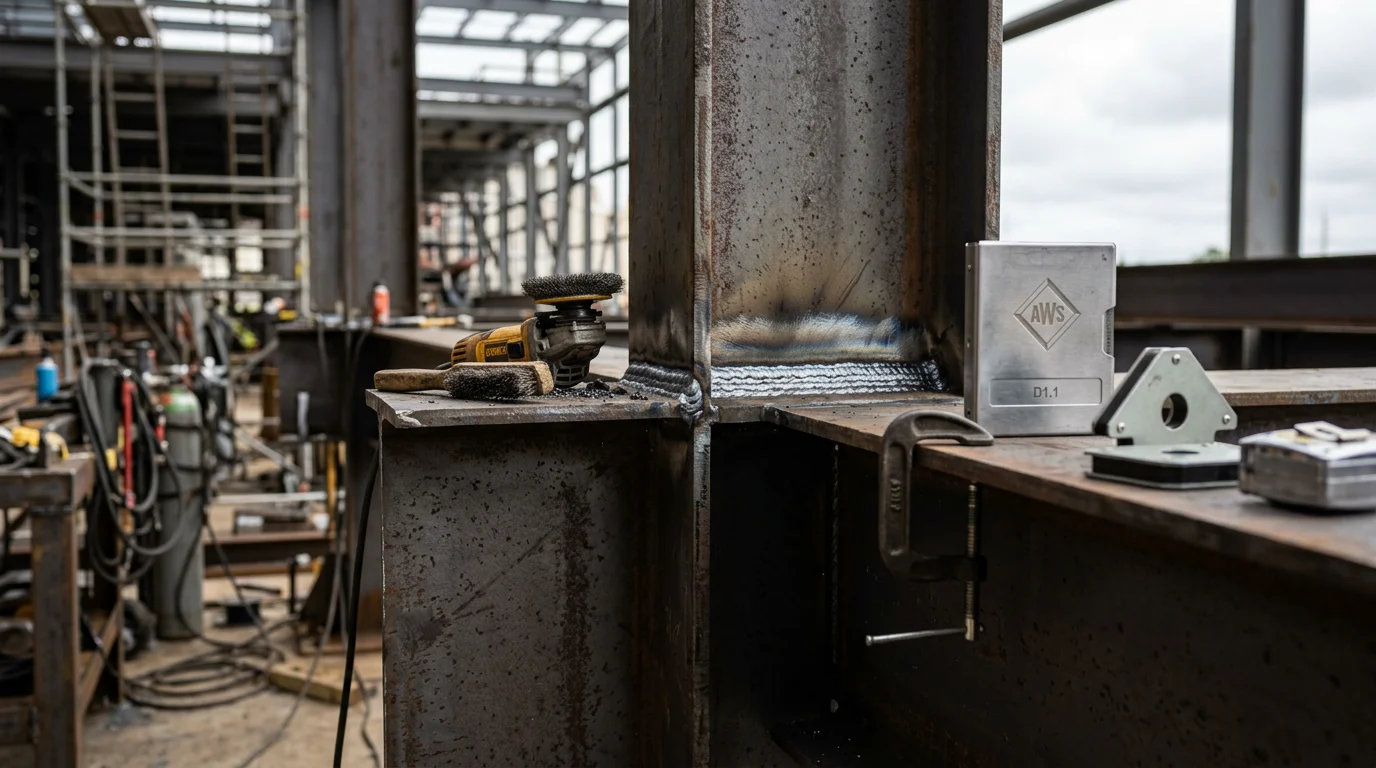 A certified welder from Poage's Precision Welding completing a structural steel weld on a commercial job site in Georgia. The finished weld joint shows clean, consistent bead work on heavy steel framing.