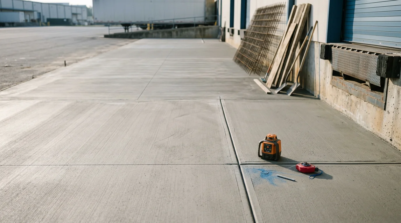 Freshly poured and finished commercial concrete flatwork slab at a Georgia warehouse facility, showing smooth surface texture, saw-cut control joints, and a loading dock apron ready for forklift traffic.