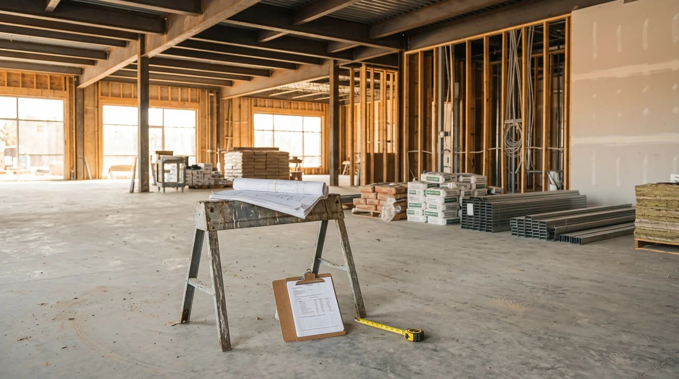 A commercial construction site in Georgia with a project manager reviewing plans alongside subcontractors on an active build. Framed structural walls and coordinated trade work visible in the background.