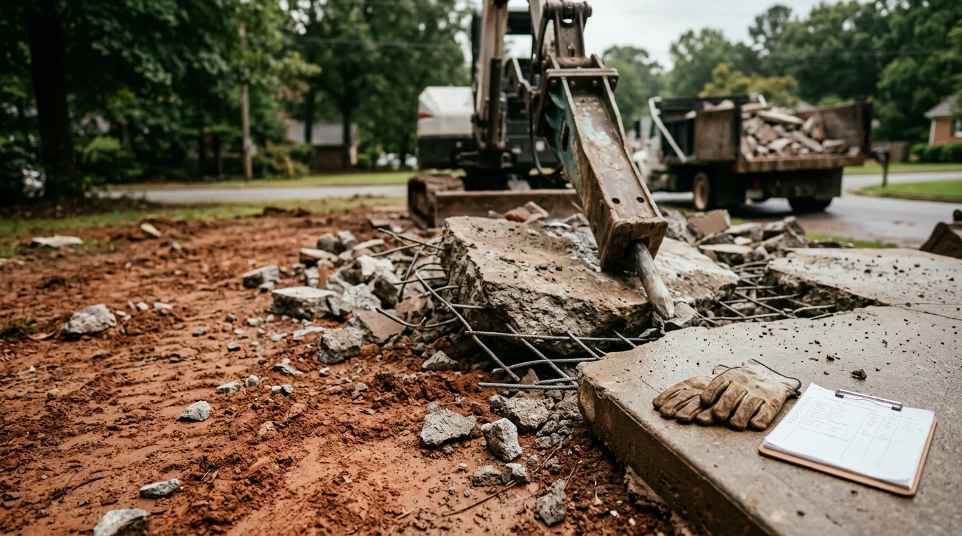 A Georgia residential property with a cracked concrete driveway slab broken into sections and staged for removal. Heavy equipment is positioned on site with debris loaded and ready for haul-off.