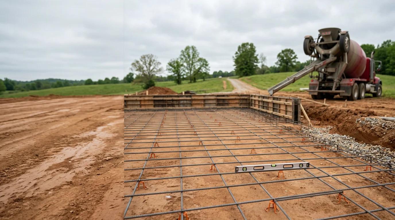 A freshly poured concrete slab foundation on a residential construction site in Georgia, with rebar reinforcement visible at the edges and red clay soil surrounding the perimeter. Workers in the background finish the surface of the wet concrete under a clear sky.