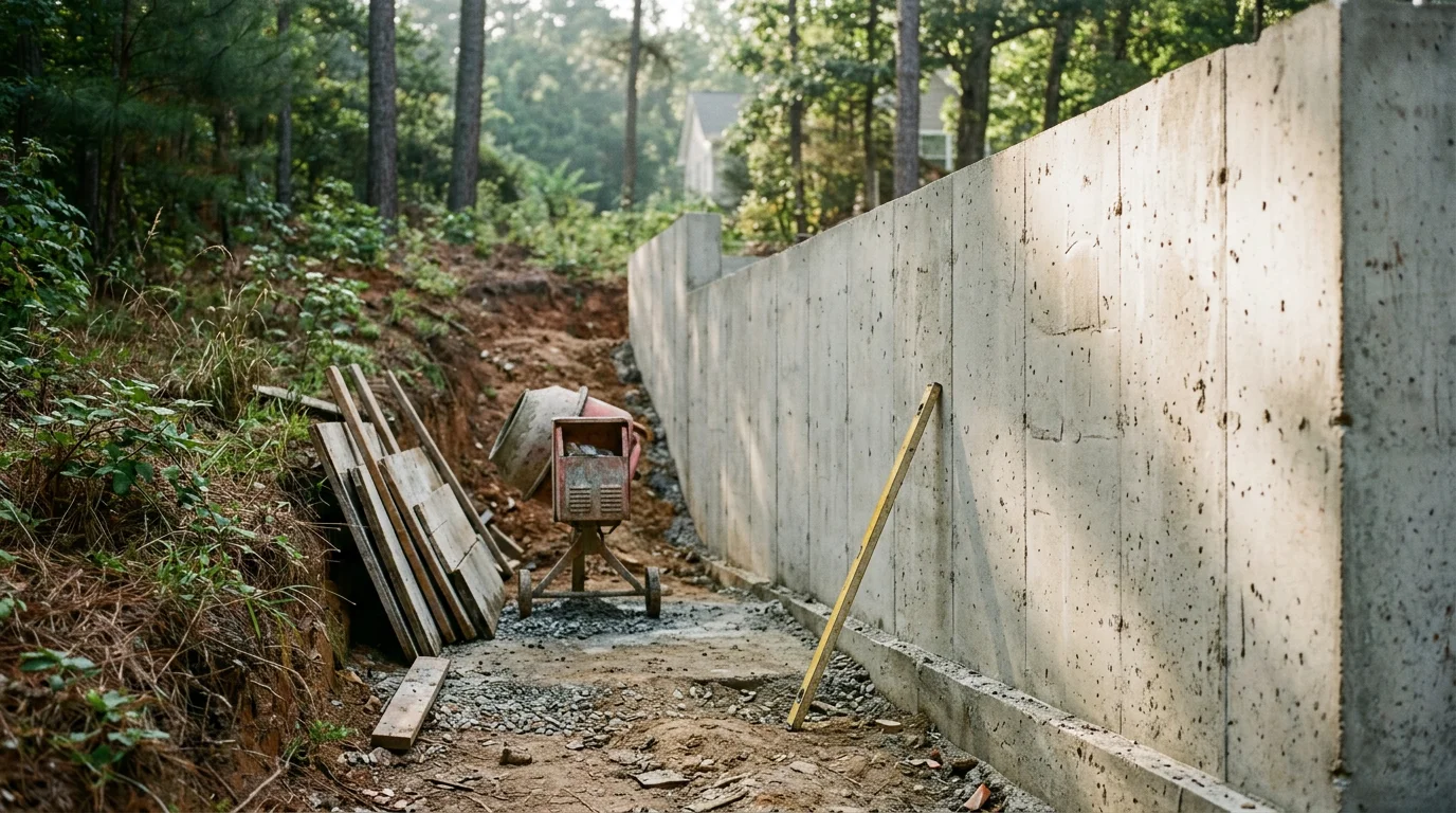 A finished poured concrete retaining wall holding back a sloped residential yard in Georgia, with clean edges and a smooth face. The wall runs along a graded lawn with visible drainage grading at the base.