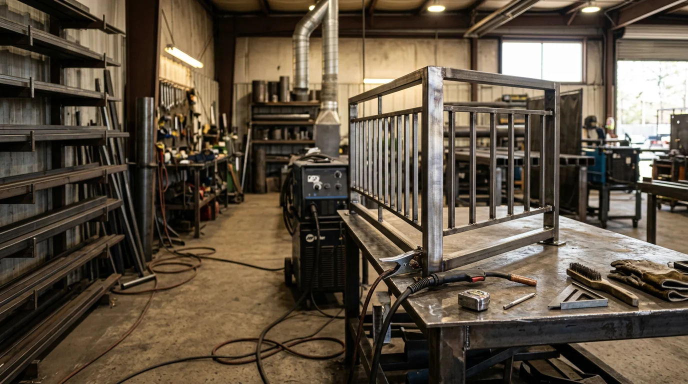 A finished custom steel frame fabricated by Poages Precision Welding, showing clean welds and structural connections built for a commercial project in Georgia. The steel components are staged for installation in an industrial or agricultural setting typical of Georgia worksites.