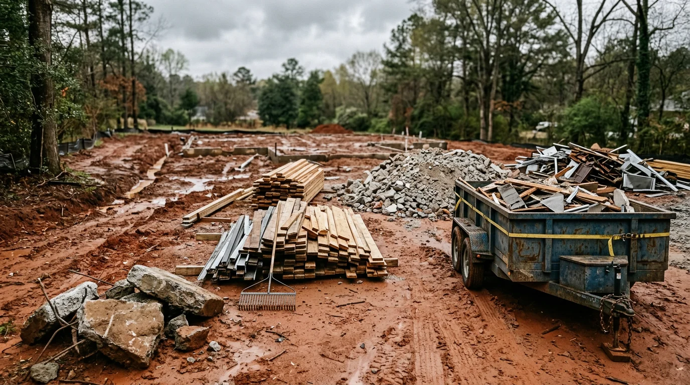 A cleared demolition site in Georgia with all concrete rubble, lumber scraps, and mixed construction debris removed, leaving a flat, clean lot ready for new construction. A debris removal crew and haul truck are visible at the edge of the property.
