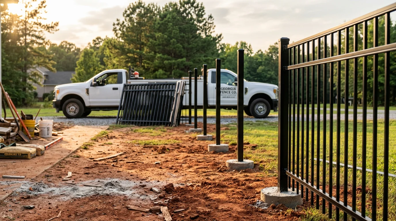 A welded metal fence installed along a residential property line in Georgia, with posts set in red clay soil and a matching driveway gate. The fence line runs straight across a green lawn under a clear Georgia sky.