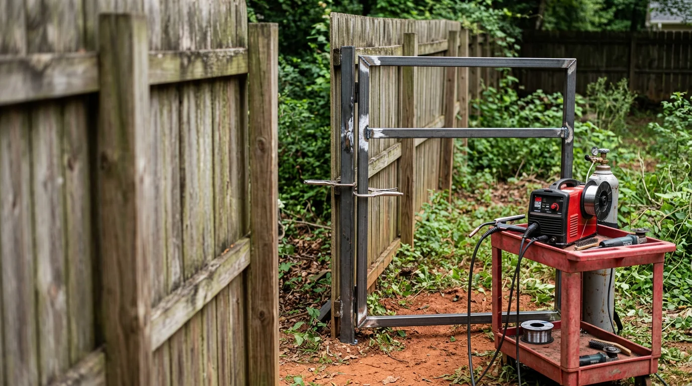 A repaired metal fence with clean welded joints standing upright on a residential property in Georgia. The restored fence line shows matched panels and a properly aligned gate after professional repair work.