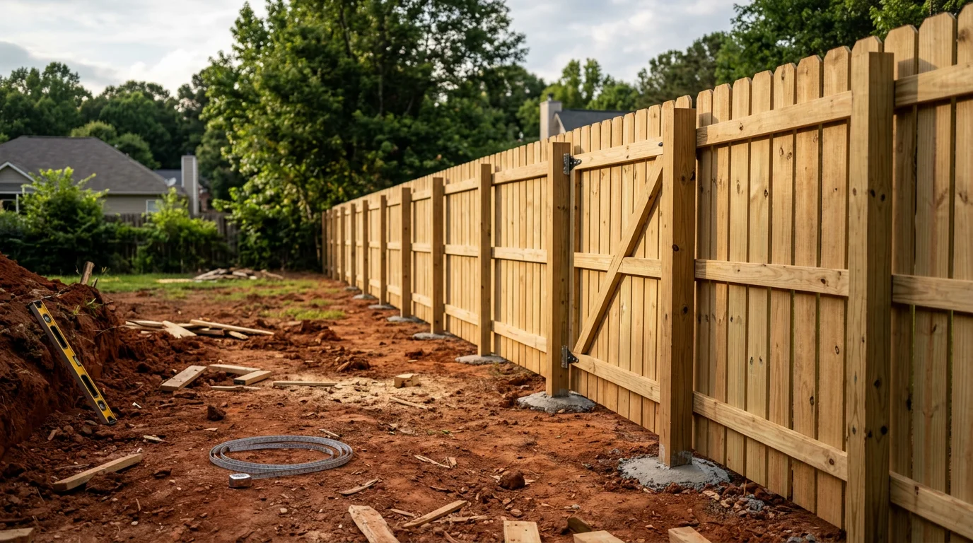 A newly installed welded metal fence on a residential property in Georgia, with straight posts set in concrete footings along a grass property line. The old fence materials have been removed and the fence line is clean and level.