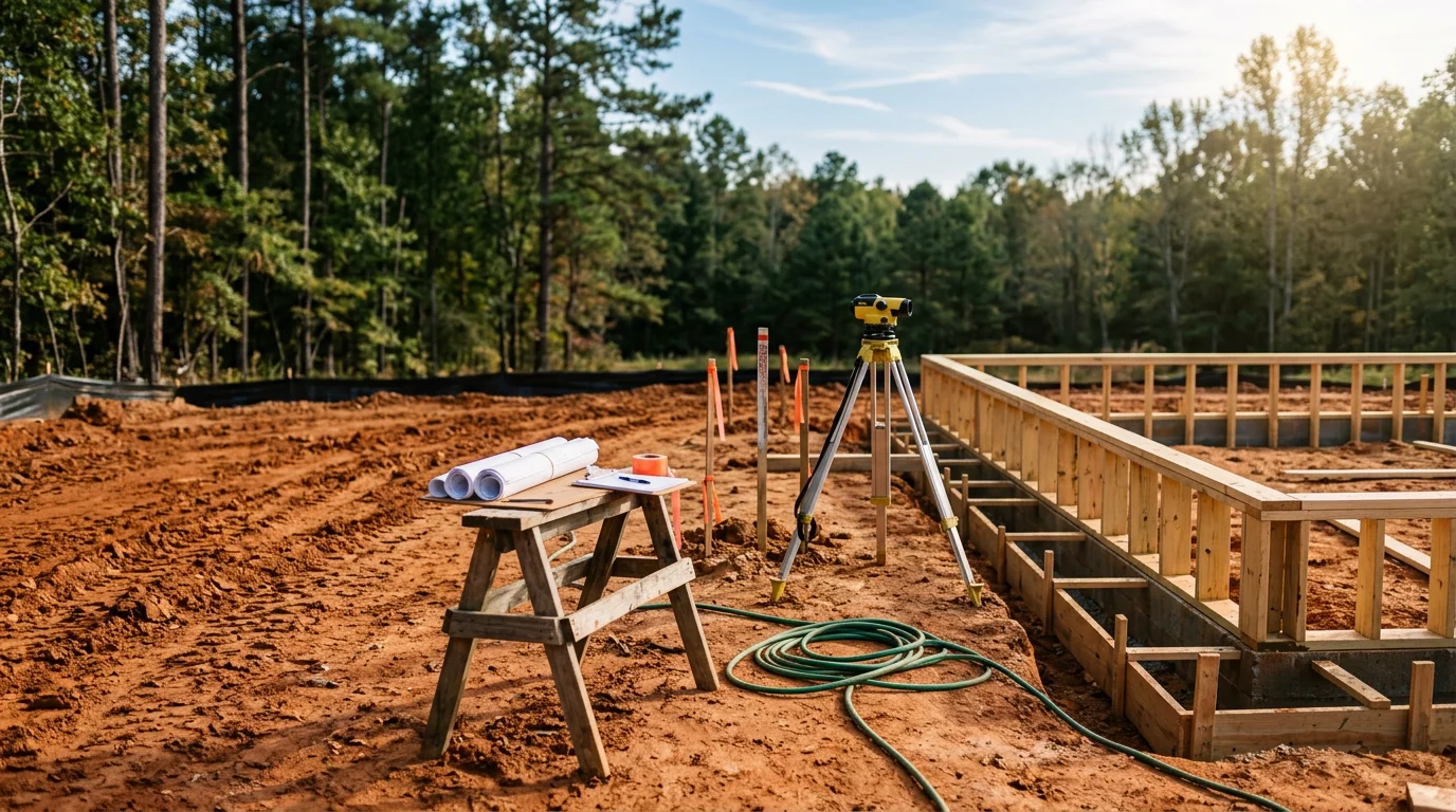 A general contractor overseeing active construction work on a residential building frame in Georgia, with red clay soil visible at the site perimeter. Workers coordinate structural framing under a clear sky typical of the Georgia Piedmont region.