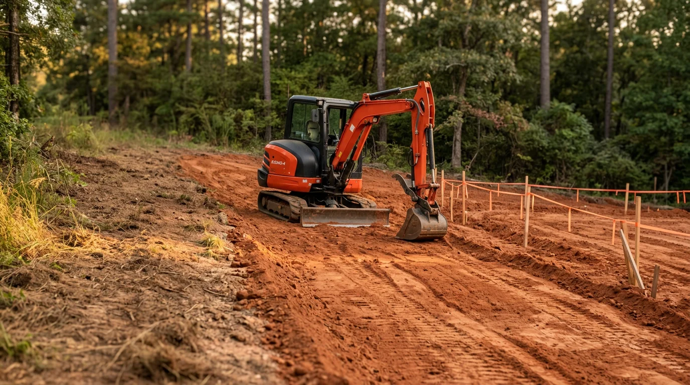 A graded residential lot in Georgia with smooth, sloped terrain and compacted soil ready for foundation construction. Red clay subgrade is visible across the leveled building pad with drainage slope leading away from the site.