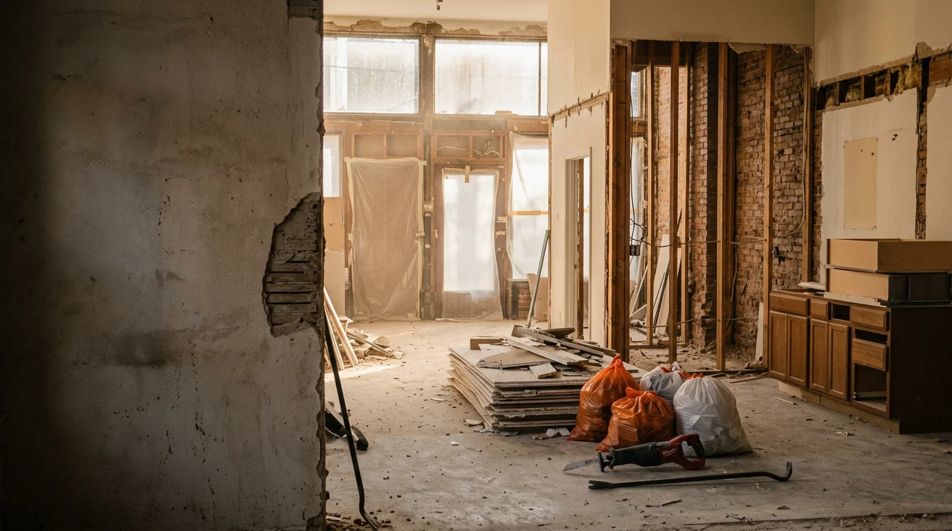 Interior of a Georgia commercial building mid-demolition, with non-structural walls removed and concrete floors exposed, showing a cleared open space ready for renovation. Debris is staged near the exit while the exterior shell and structural columns remain fully intact.