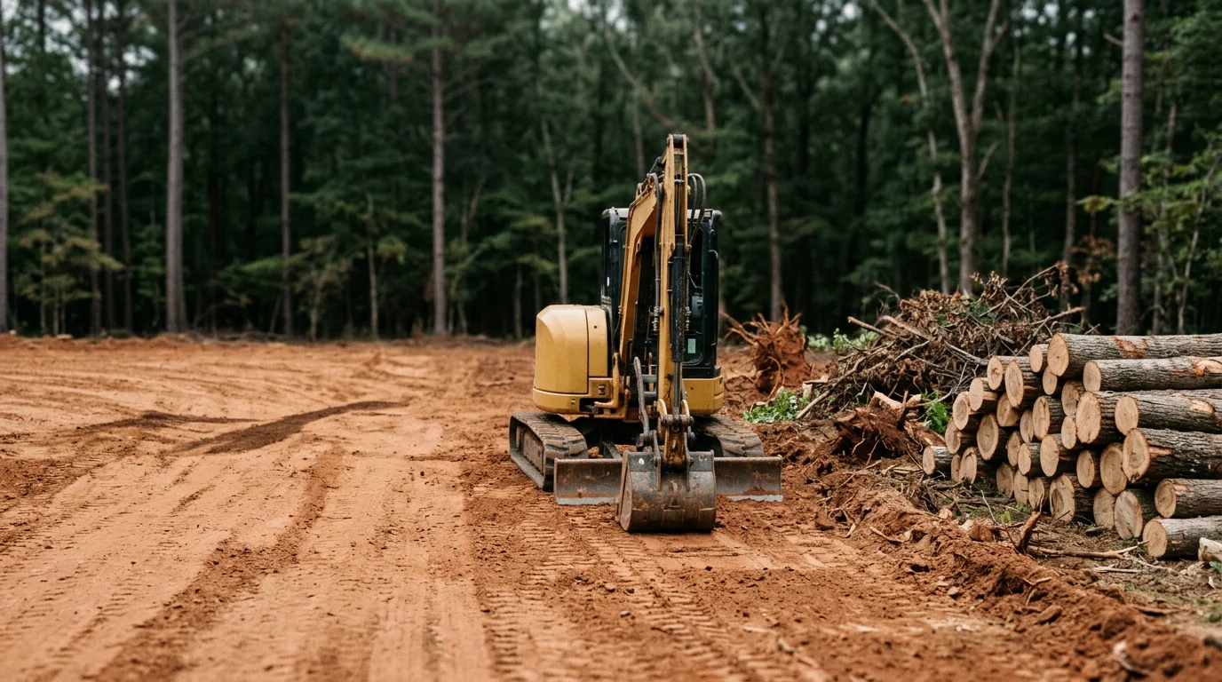 A freshly cleared Georgia property showing bare, level ground with stumps and brush removed, ready for construction or agricultural use. Red clay soil is visible across the open lot with surrounding tree lines intact at the property edge.
