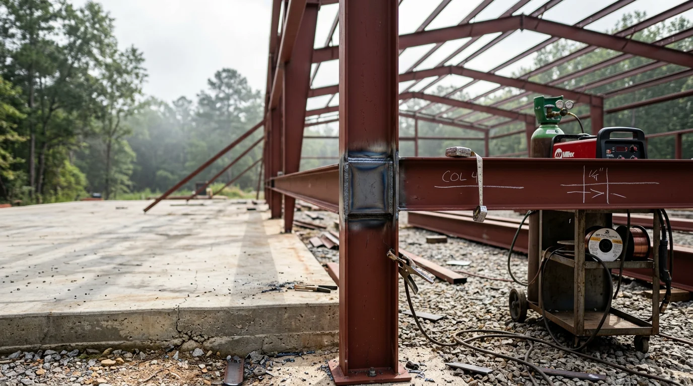 A precision-welded structural steel building frame standing on a rural Georgia property, showing clear-span construction and fabricated steel columns ready for panel installation. The surrounding landscape reflects the open agricultural terrain common across South Georgia.