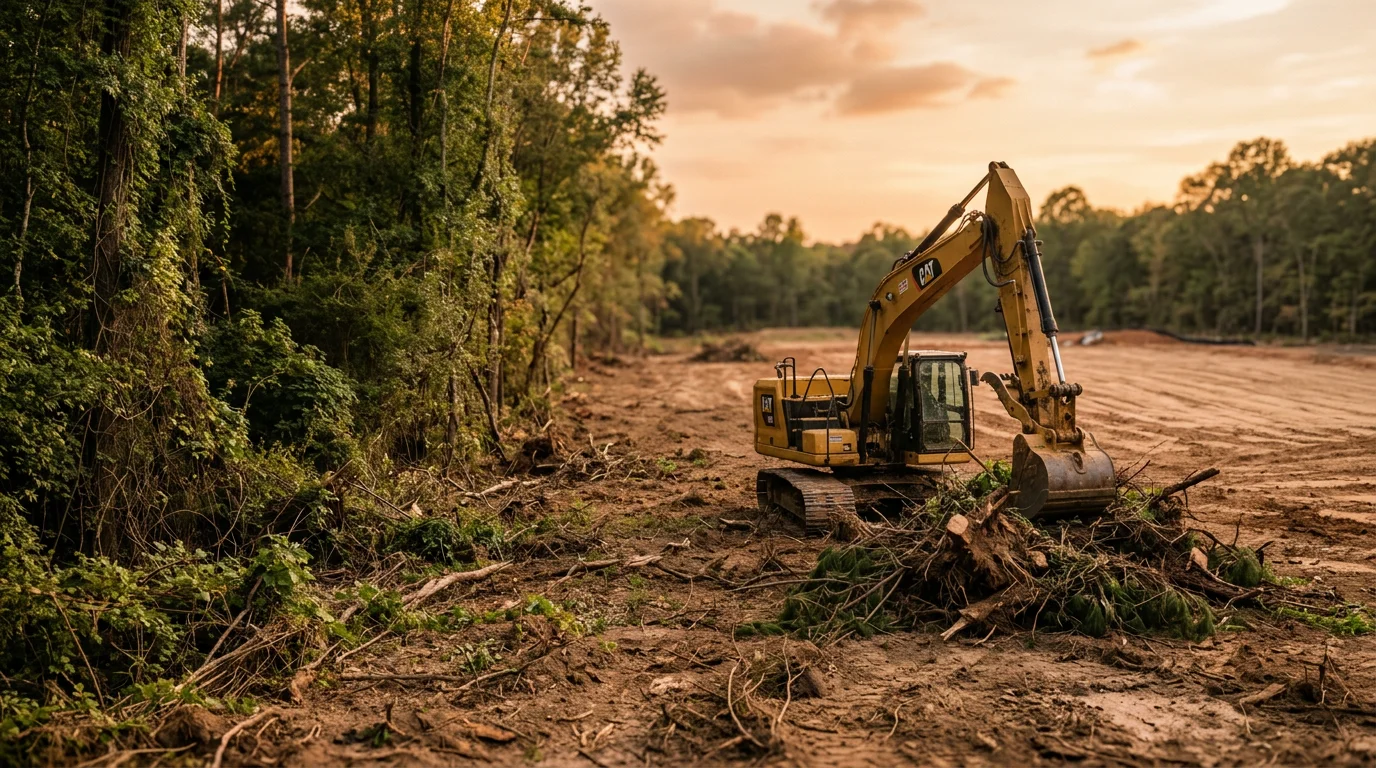 A Georgia rural property after professional clearing, showing open flat ground with stumps and brush removed and bare soil ready for grading. Heavy excavation equipment sits at the edge of the cleared area with tree lines visible in the background.