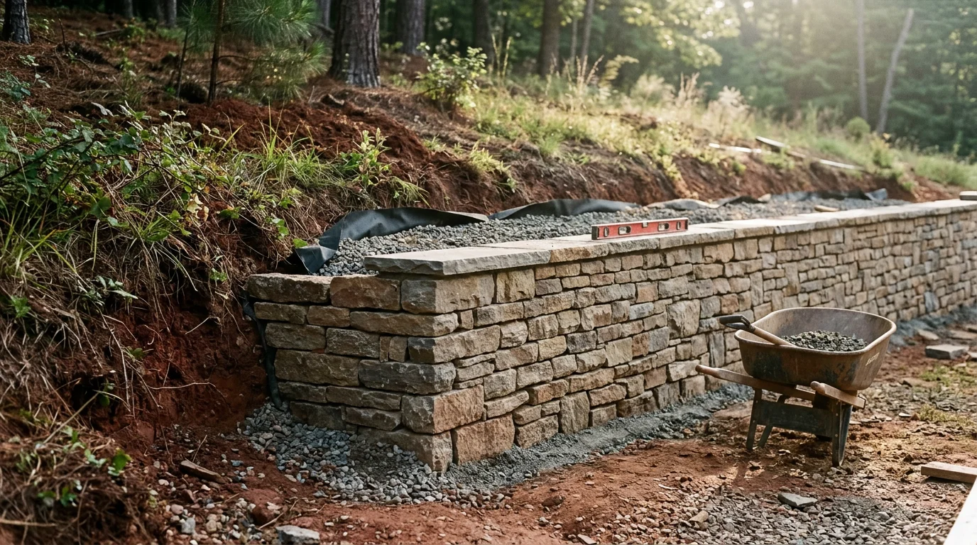 A newly constructed retaining wall on a sloped residential property in Georgia, holding back red clay soil on a graded hillside. The wall creates a level yard area above and below, with visible drainage gravel behind the structure.