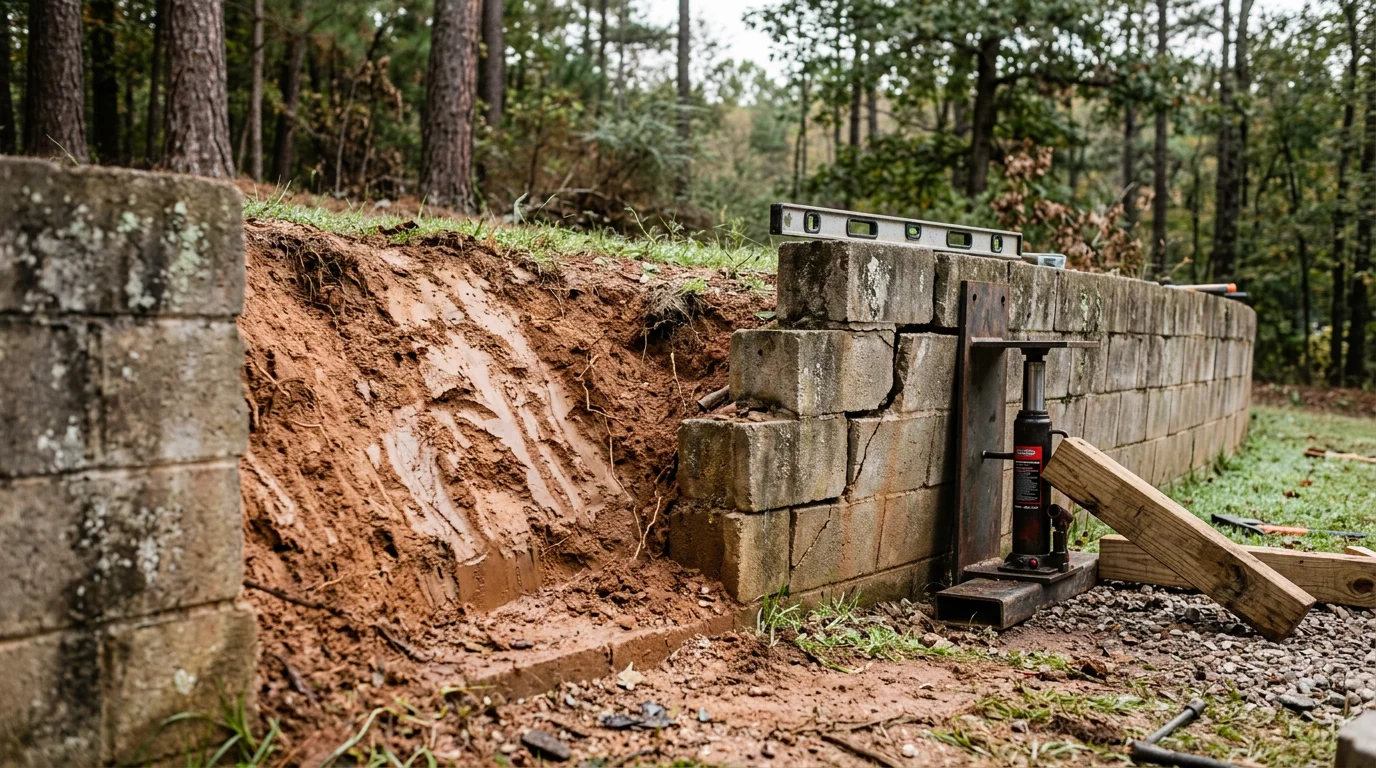 A repaired stone retaining wall on a sloped Georgia residential property, showing straight, stable courses of block with no visible cracking or leaning. The surrounding yard shows graded soil and cleared drainage at the wall base.