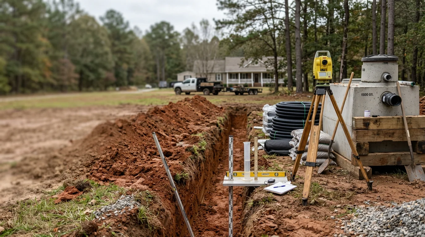 A freshly installed septic system with a two-compartment concrete tank and graded absorption field trenches on a residential lot in Georgia. The surrounding soil has been backfilled and graded following a county health department inspection.