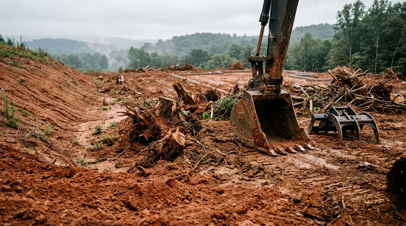 A freshly cleared Georgia property lot with all trees, stumps, and brush removed, leaving flat bare soil ready for construction grading. A demolition crew and heavy equipment are visible on site in a rural Georgia setting.