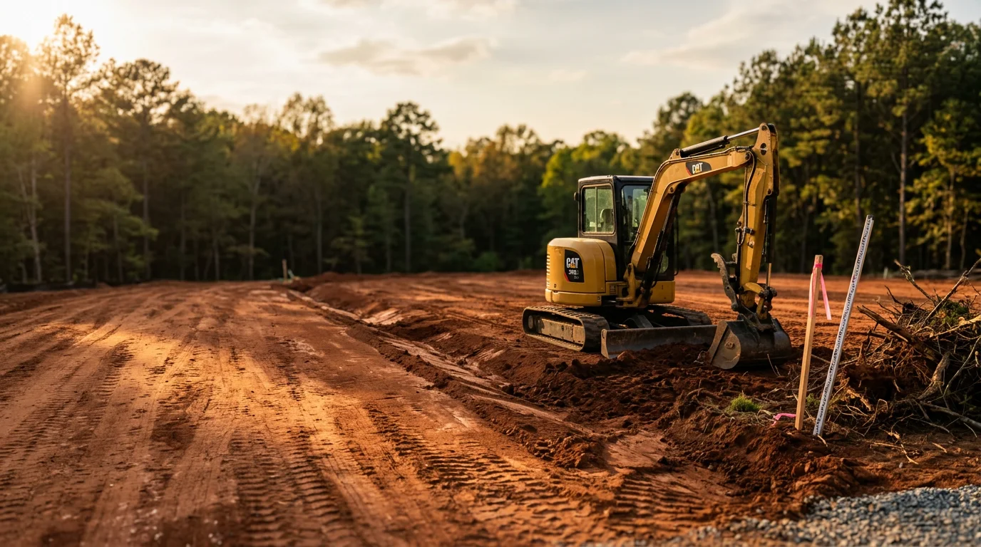 A tracked excavator grading a cleared dirt lot in Georgia, with red clay soil visible and a level building pad taking shape in the foreground. The surrounding tree line and open sky reflect a typical rural or suburban Georgia construction site.