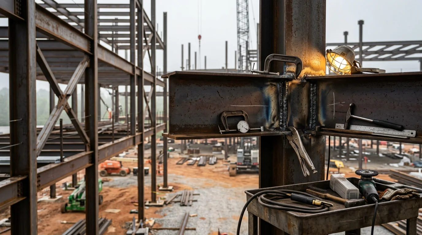 Steel columns and beams being assembled into a structural frame on a commercial job site in Georgia. A welder in full protective gear secures a beam connection at height during the erection process.