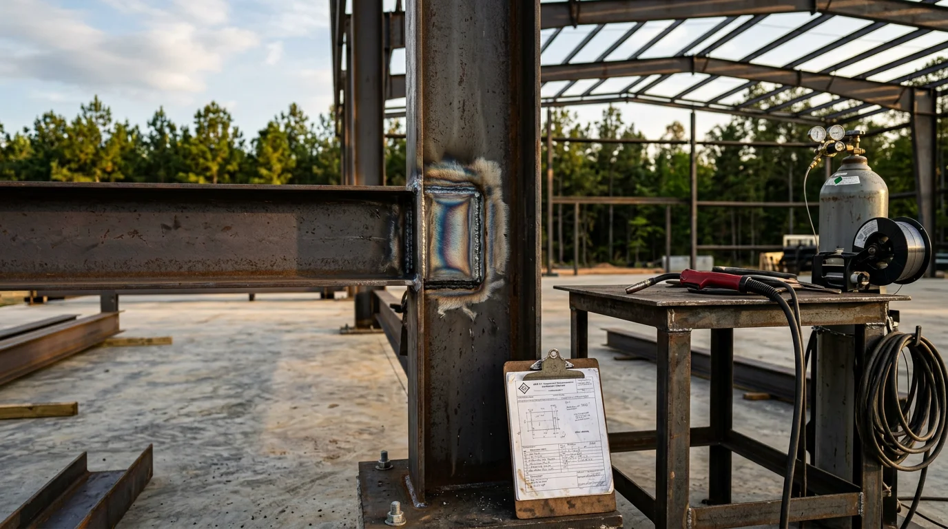 A welder in full protective gear completing a structural steel column connection on a commercial building frame at a Georgia job site. Finished weld beads are visible on the base plate and column joint in natural daylight.