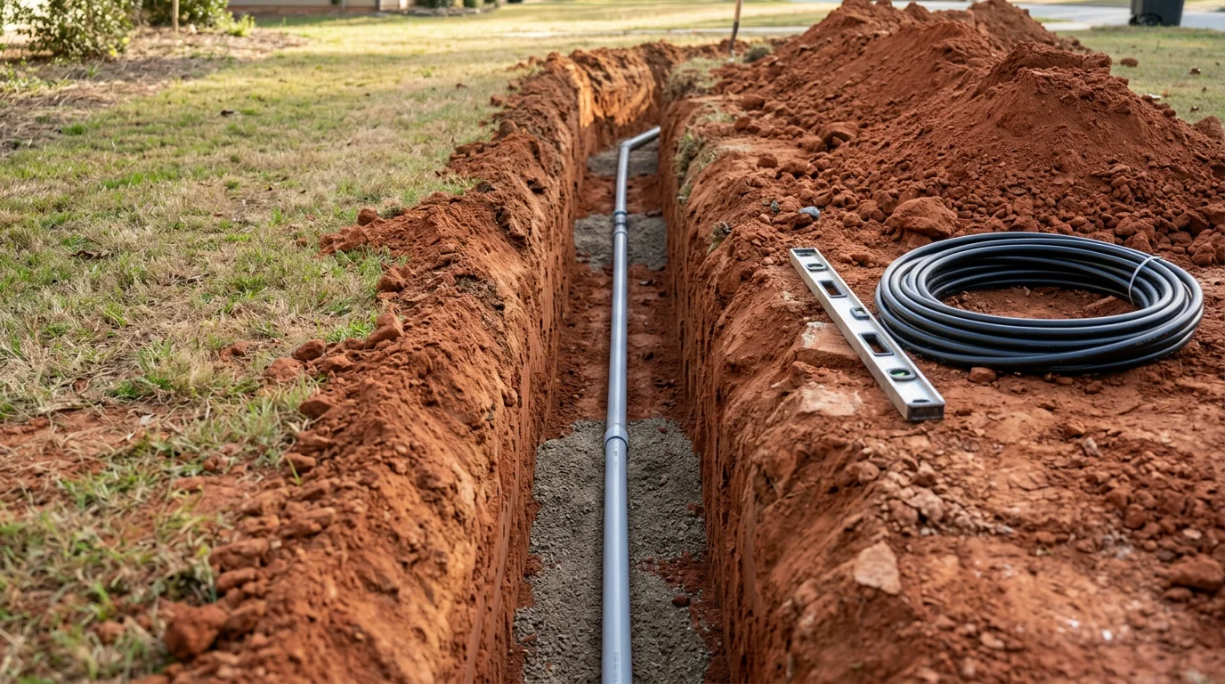 A freshly excavated trench in Georgia red clay soil showing newly installed underground plumbing pipe bedded and ready for backfill. A residential property with a slab foundation is visible in the background.