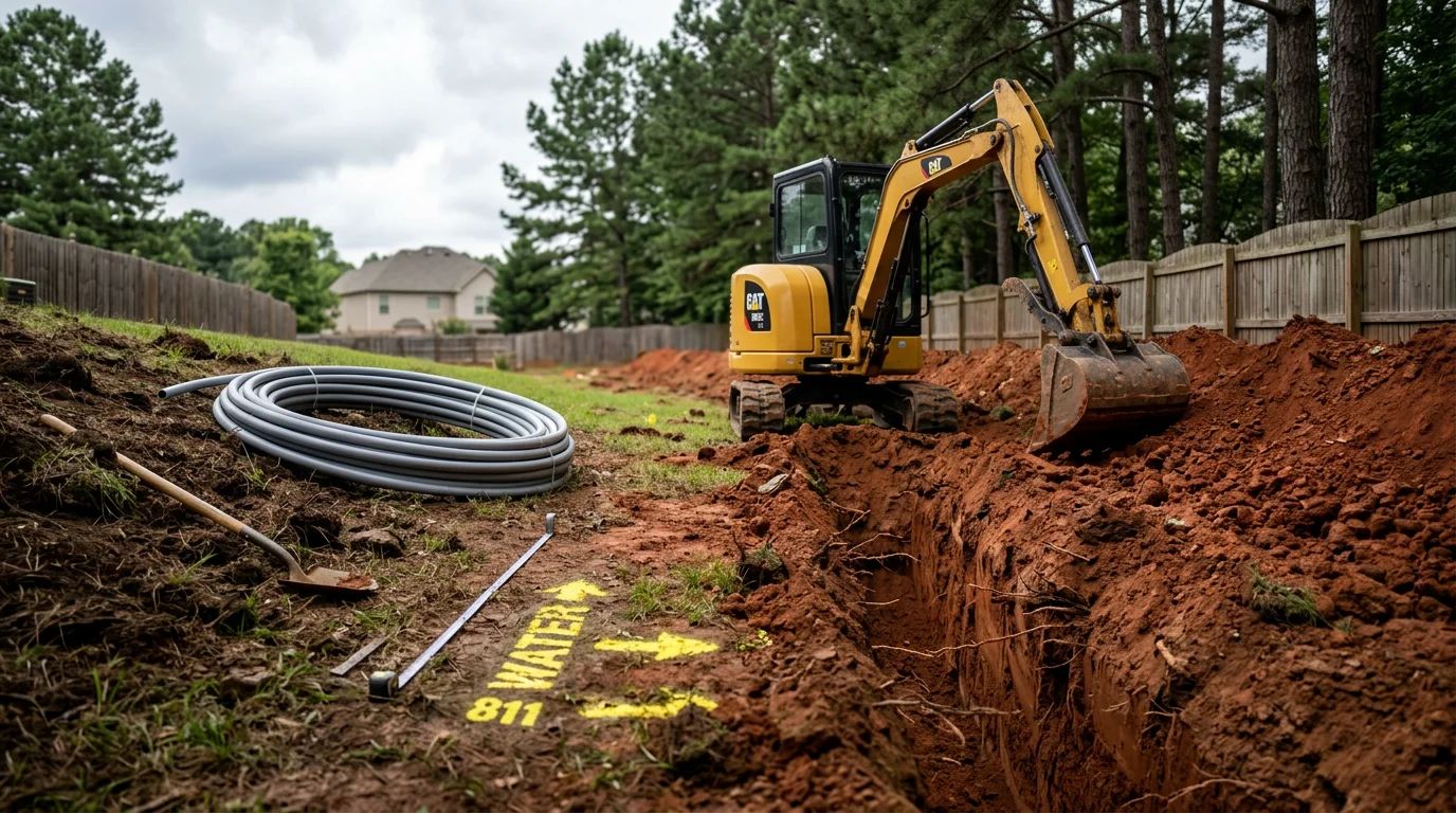 A freshly excavated trench on a Georgia residential property showing a newly installed underground utility line laid in red clay soil. A crew member inspects the line depth before backfilling begins.